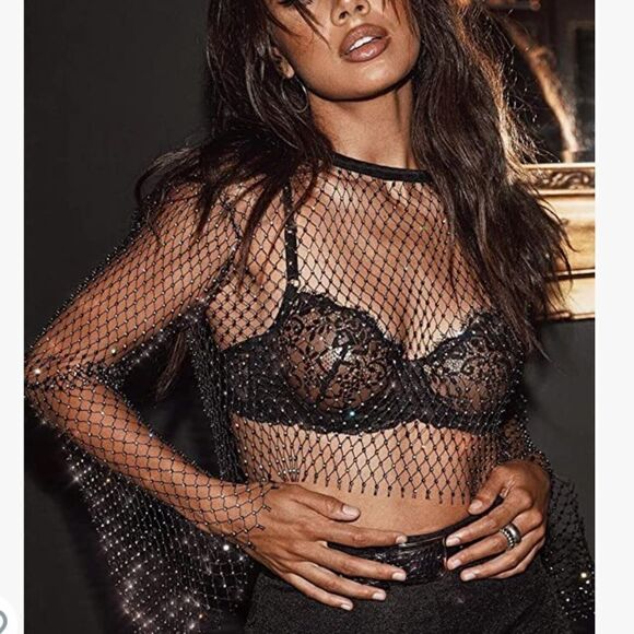 Black beaded and mesh party top - Picture 2 of 3